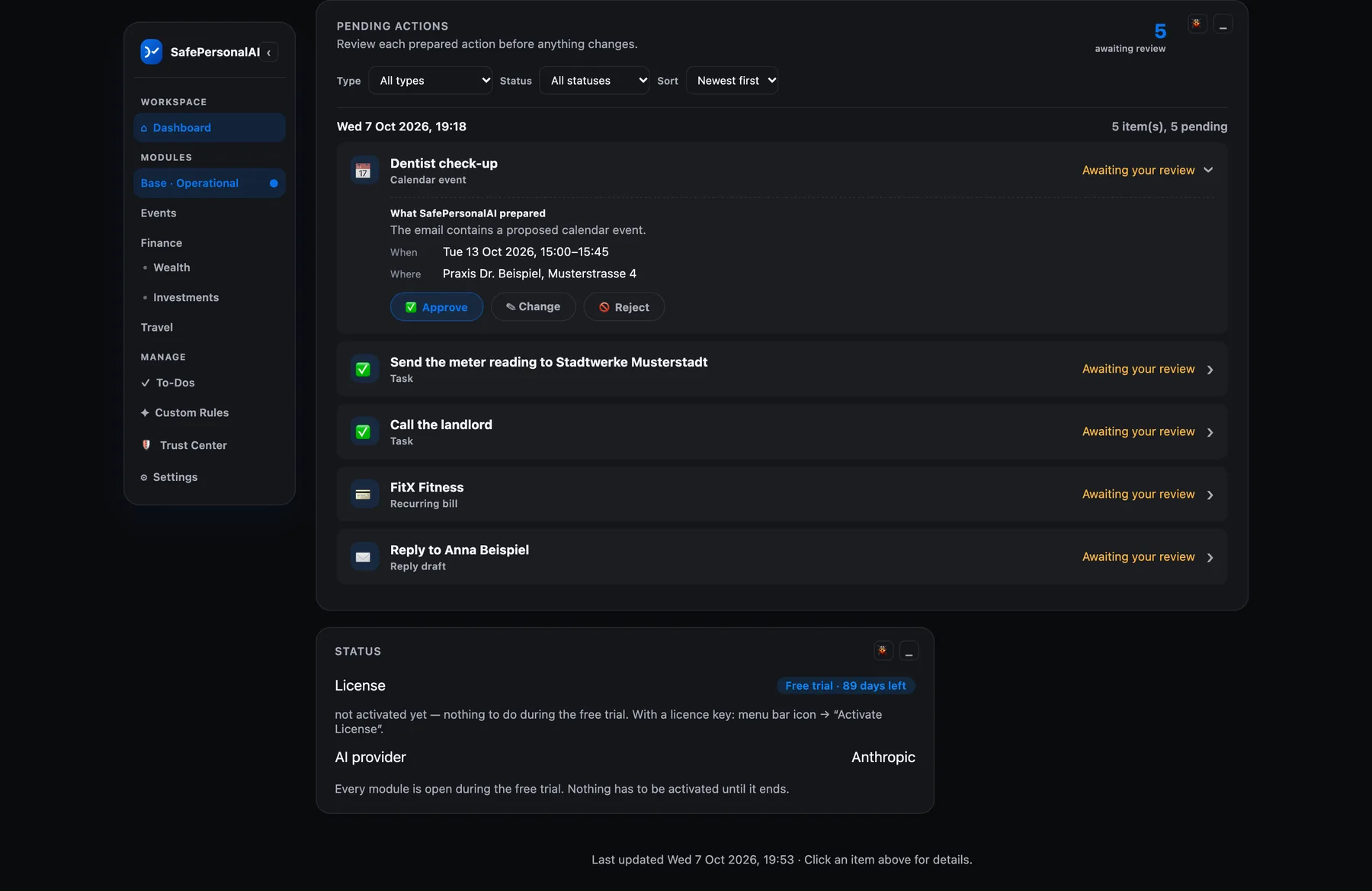 The Base page of the app: a list of five prepared actions, the first one opened with its date, place and the buttons Approve, Change and Reject
