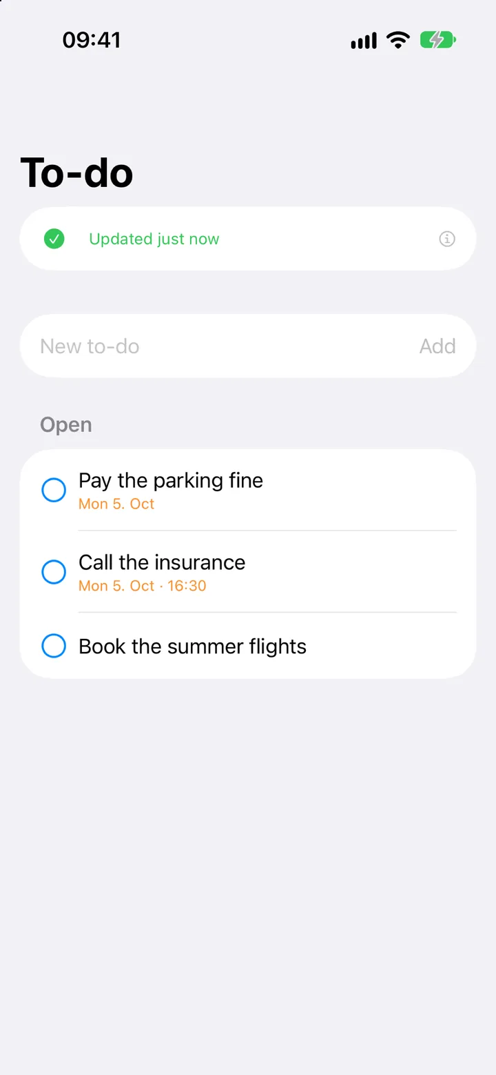 The To-do screen: open to-dos with their dates and a field to add one.